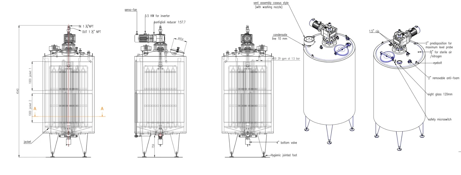 Yogurt maturation tank models and technical dimensions table